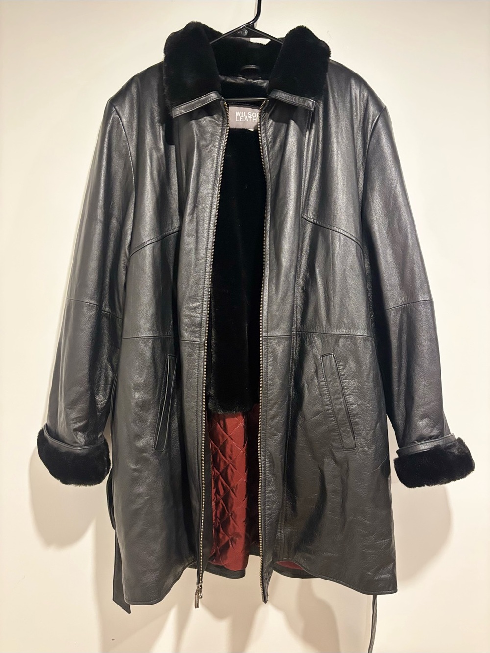 Vintage Wilsons Leather Faux Fur Trim Belted Black Leather Jacket Size 3x